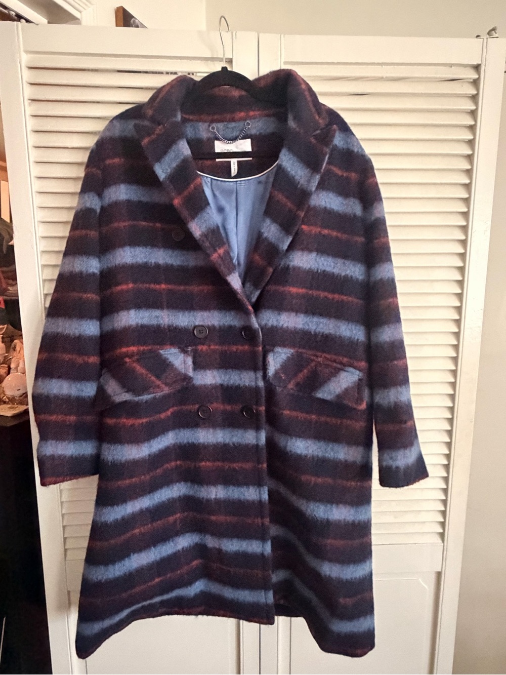 BCBG Wool-Blend Double-Breasted Coat in Blue and Brown